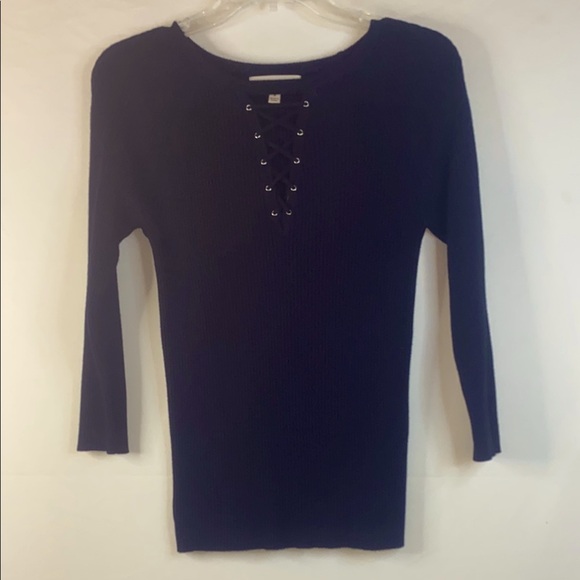 Philosophy Tops - Philosophy Women's Black Lace-Up  V-Neck Ribbed Top, Size M